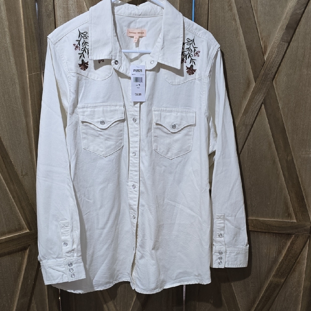 NWT Vintage Threads White Embroidered Enamel Snap Button Down Denim Shirt Sz 2X